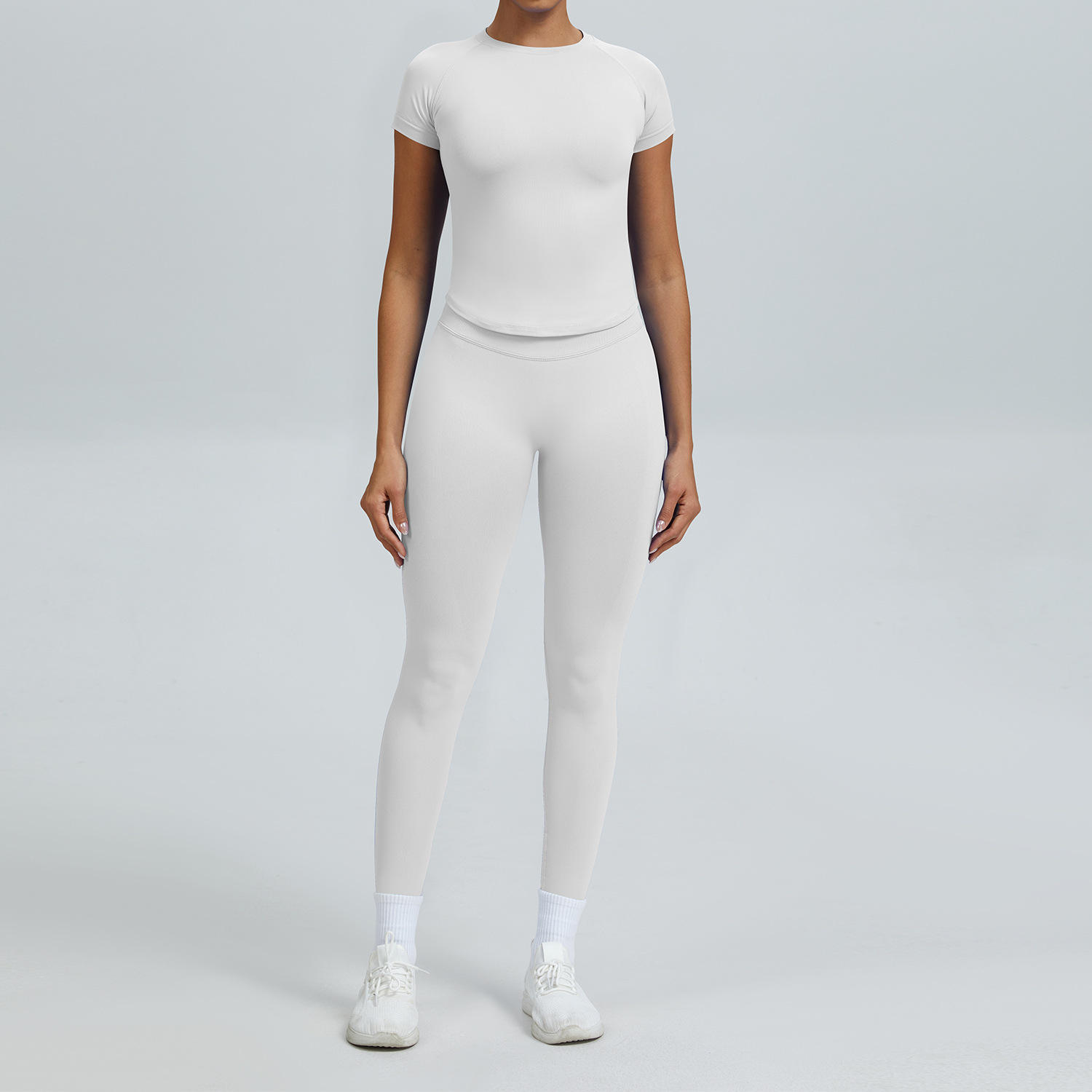 Solid 2-Piece Yoga Fitness Set Tight-Fitting Short-Sleeve Quick-Drying Slim-Fit Sports Set