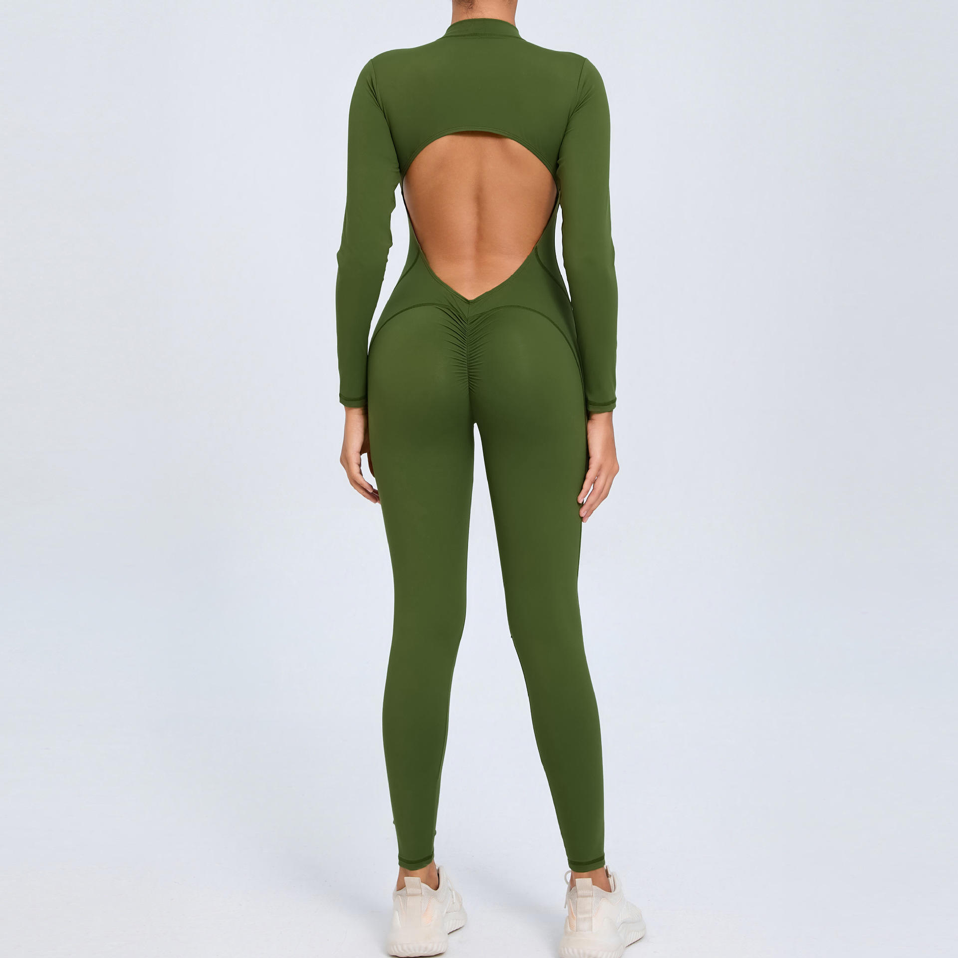 Women's Wrinkle-Resistant Spandex/Nylon Yoga Jumpsuit with Zipper Closure and Long Sleeves