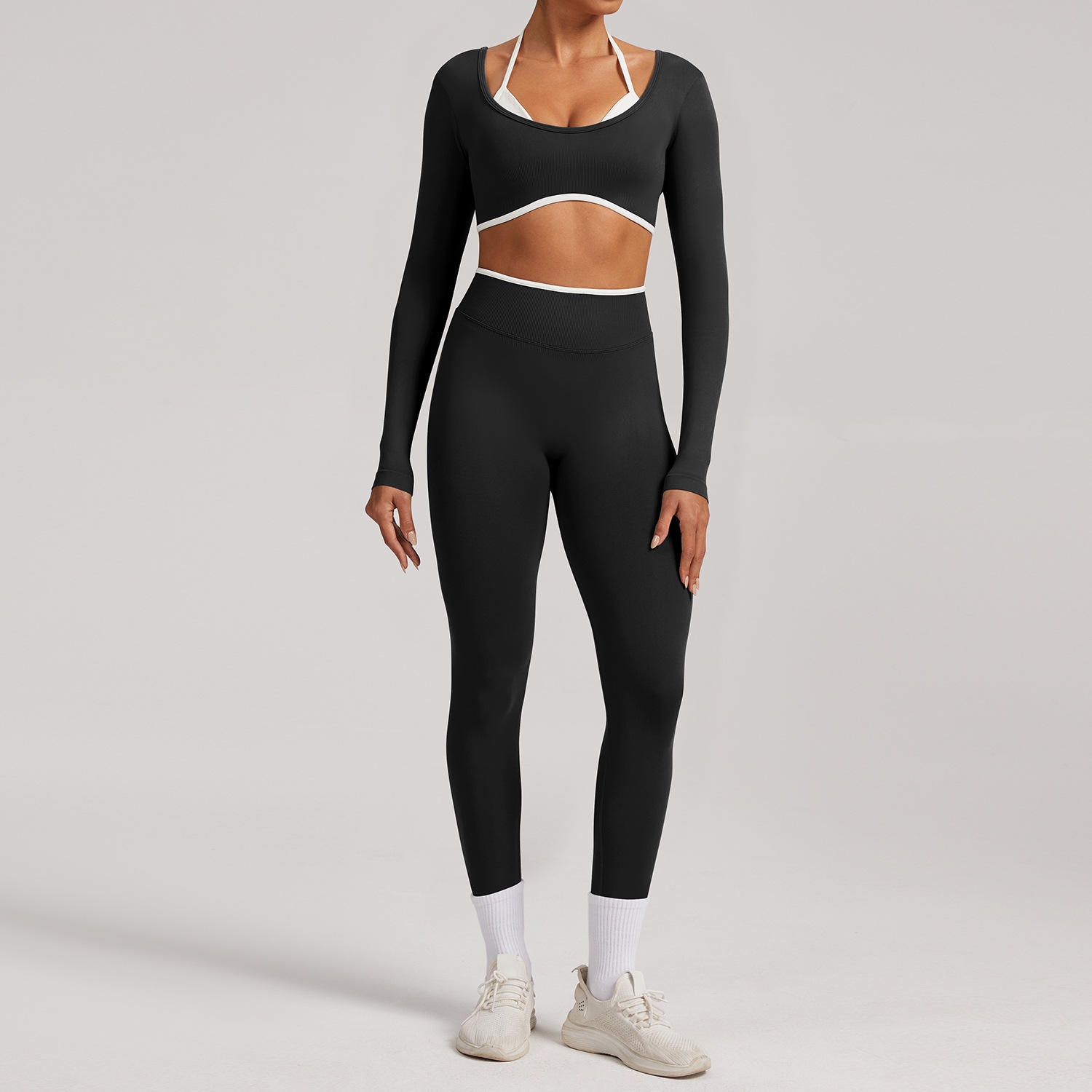 Seamless Solid Breathable Plus Size Yoga Set for Women Hollow Back High Waist 2-Piece Fitness Sports Set Four-Way Stretch