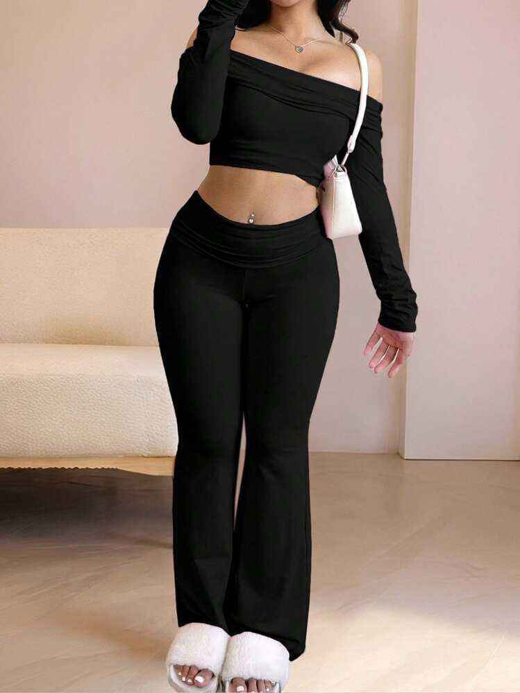 Solid Breathable Off-Shoulder Long Sleeve Top and Pants Two-Piece Set for Women