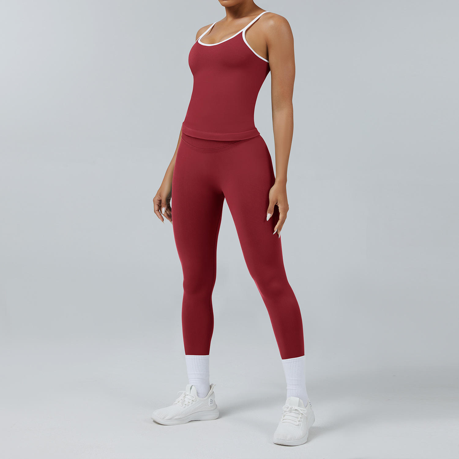 Women's Solid Color 2-Piece Sports Suit with Contrast Binding and Spaghetti Straps