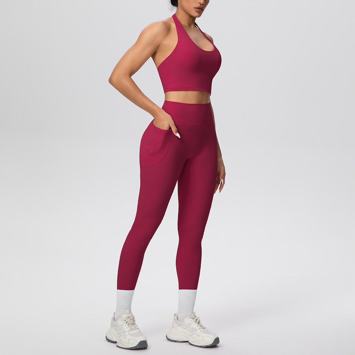 Plus Size Scoop Neck High Waist Hip Lifting Pocket Sports Suit