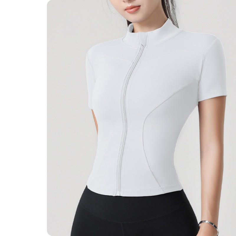 High-Elastic Pink Stand Collar Yoga Short-Sleeved Coat with Slim Fit