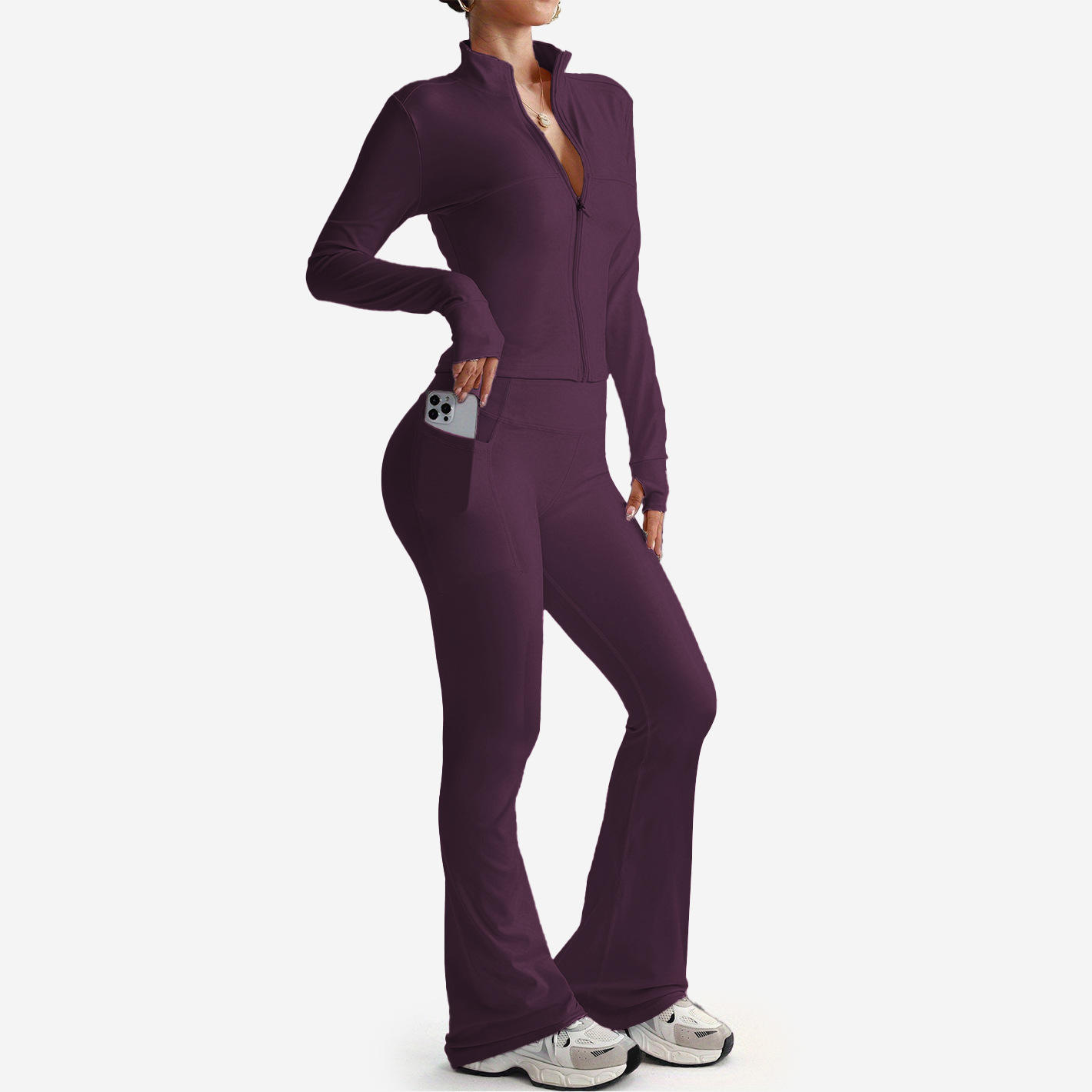 Tight Yoga Set with Zipper Jacket and High-Waist Flared Leggings