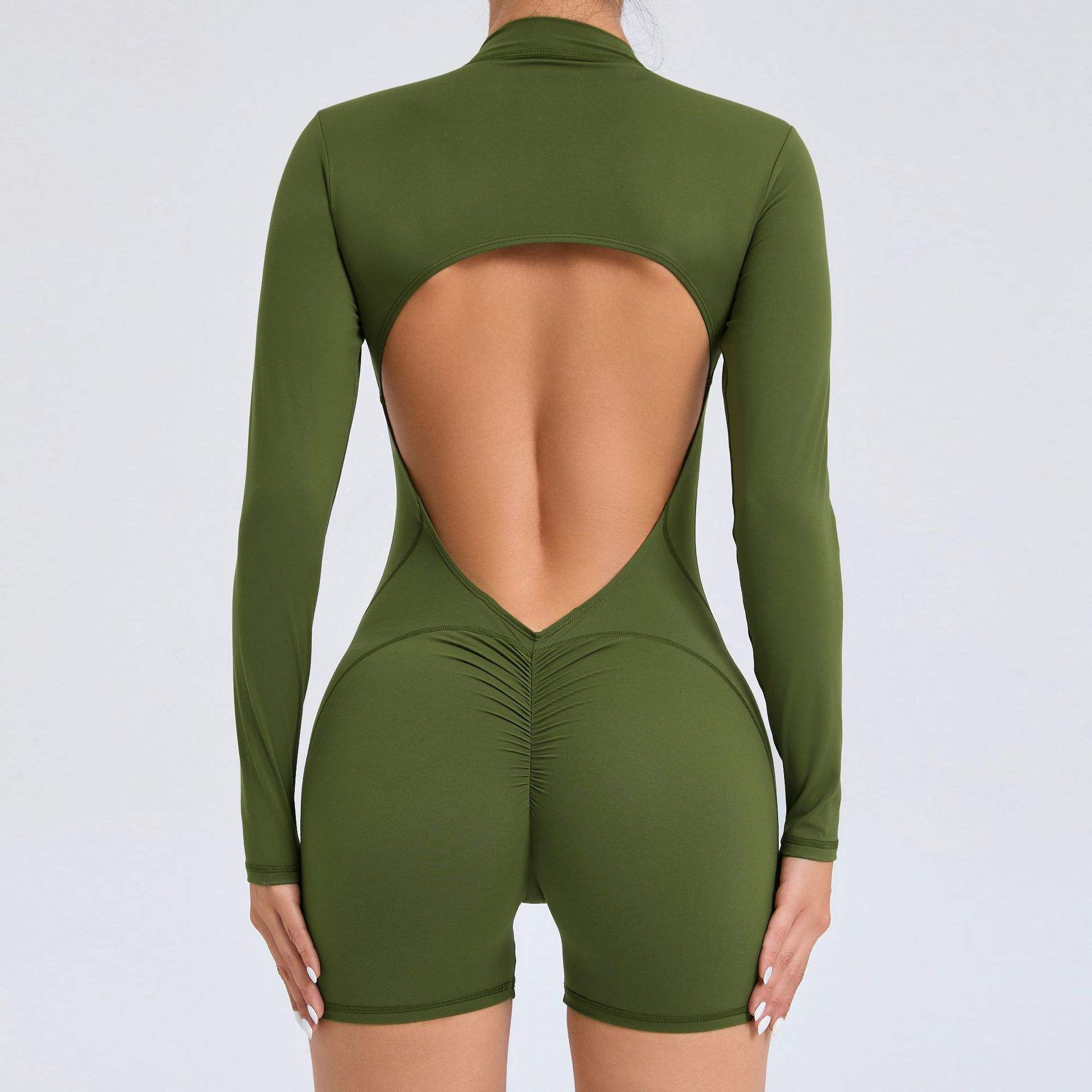 Hollow V-Neck Backless Half-Zip Spandex/Nylon Jumpsuit - Peach
