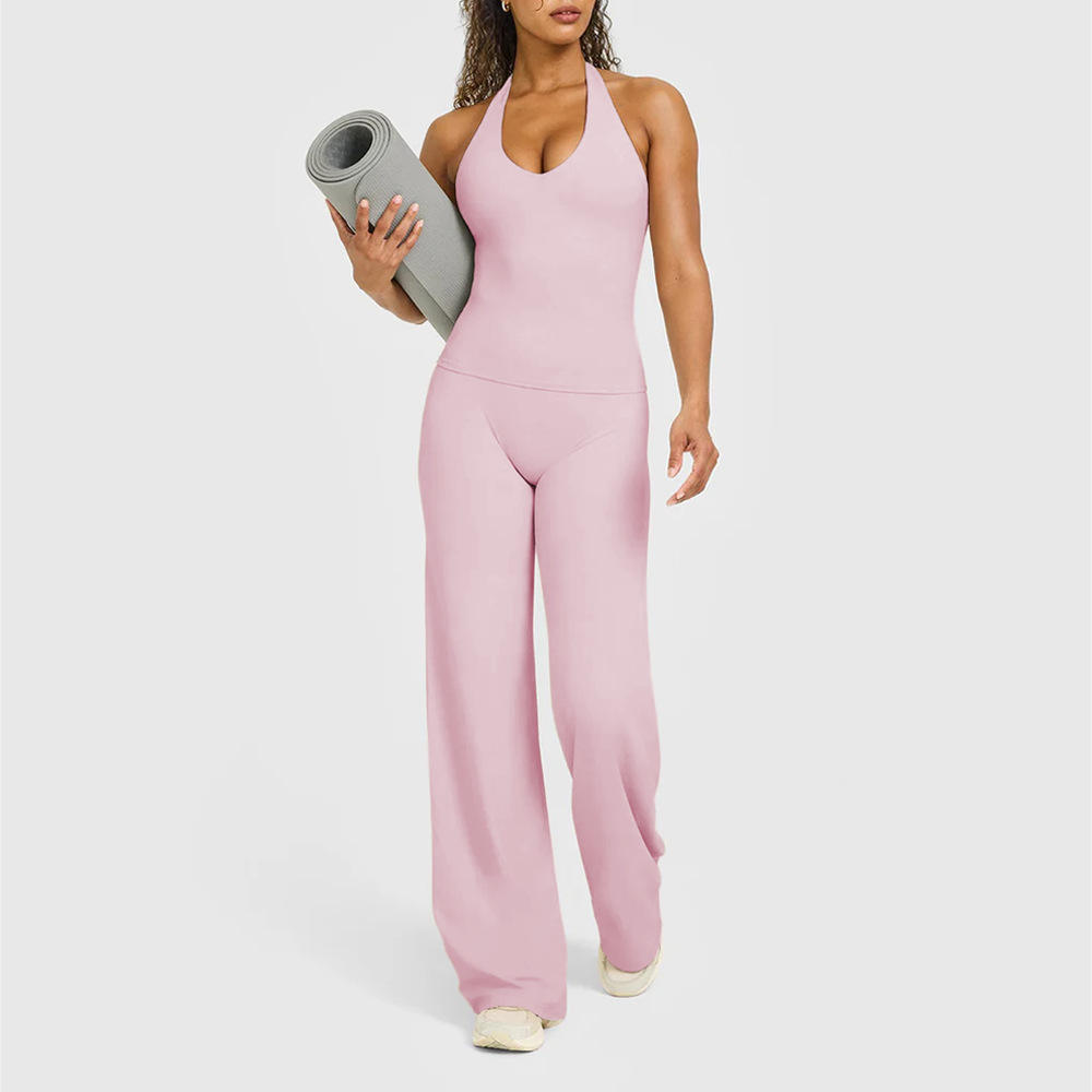 V-Neck Sports Halter Vest and Straight Leg Trousers Set