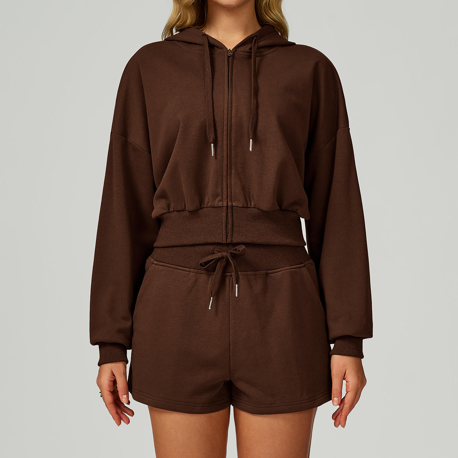 Zipper Sports Sweatshirt Hood Casual Loose Women Running Fitness Sportswear Set