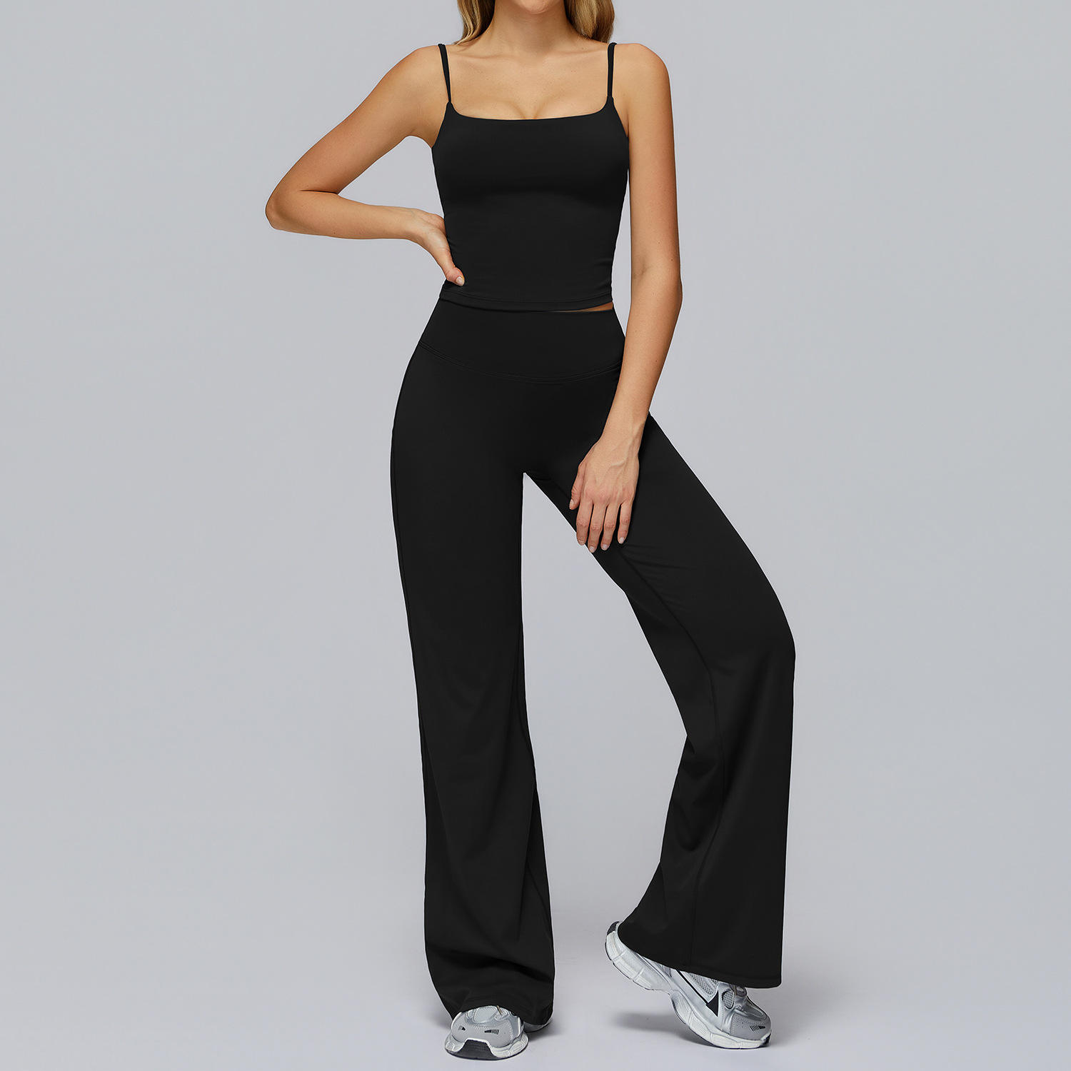 Solid Breathable 2-Piece Yoga Set with Wide-Leg Leggings