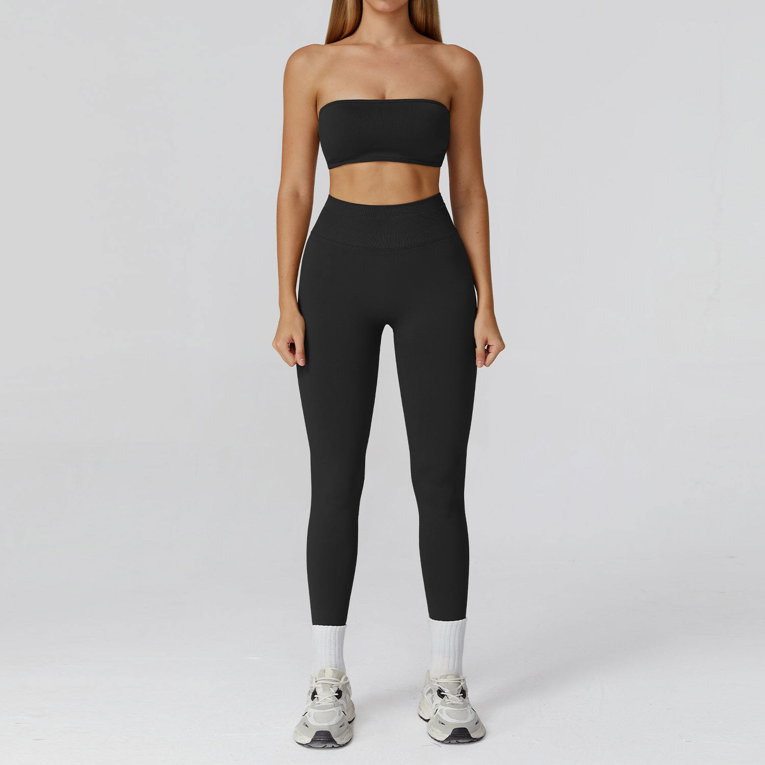 High-Waisted Seamless Yoga Set with Hollow-Out Back and Adjusted Straps