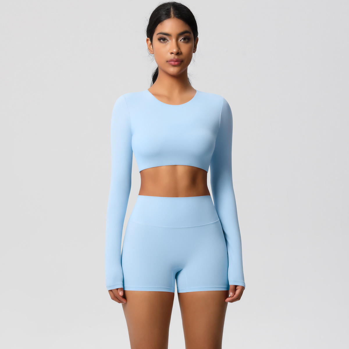 Tight-Fitting Brushed Solid Plus Size Long-Sleeved Yoga Pilates Butt-Lifting High-Waisted 2-Piece Set