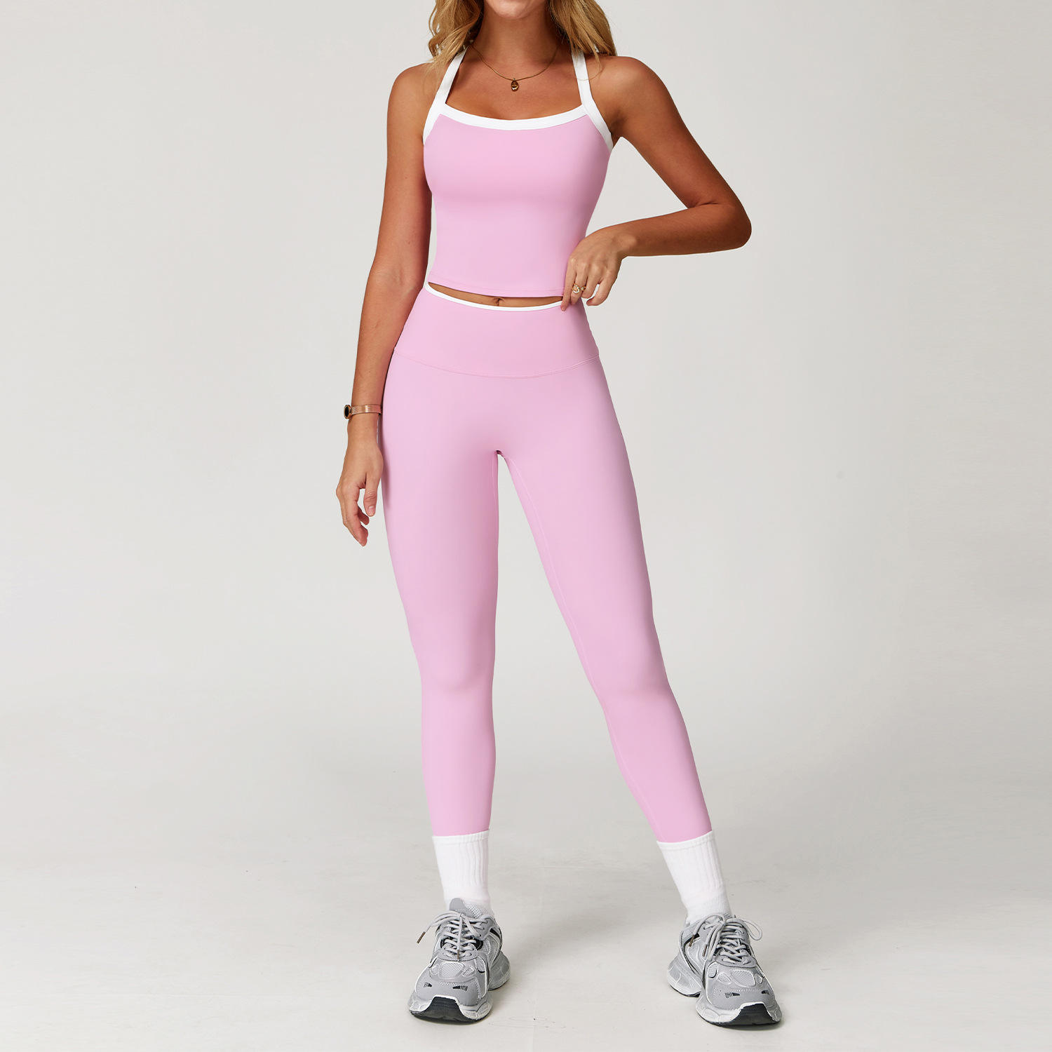 Summer Naked-Feel Yoga Set with Contrasting Colors and Cross-Back Design