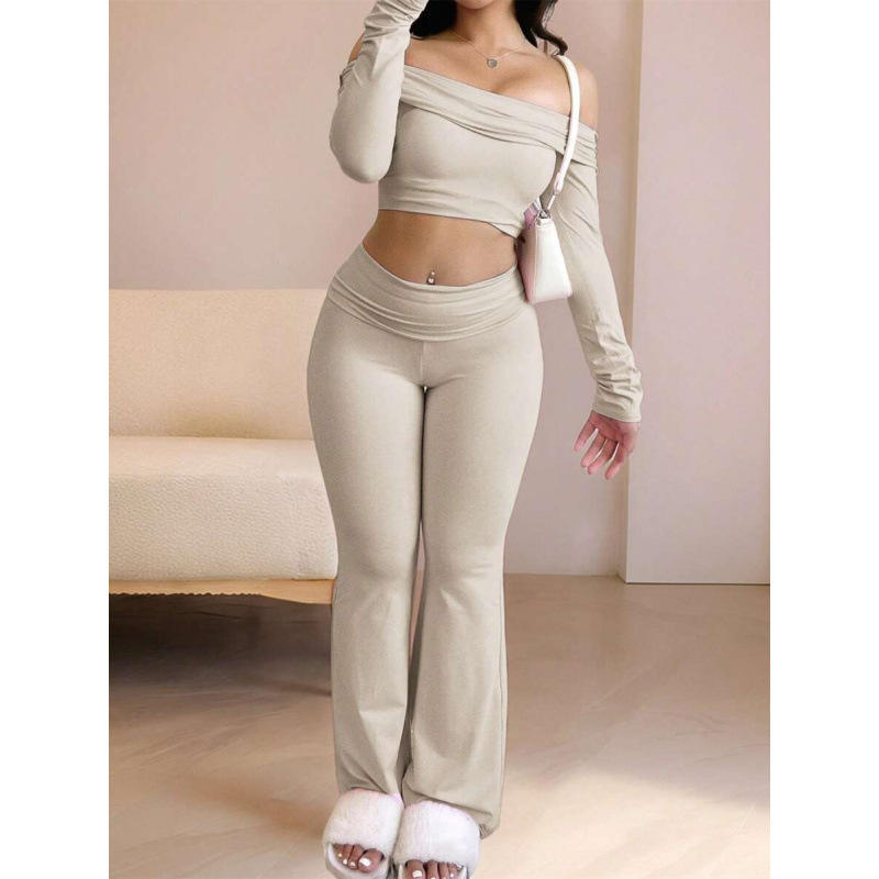 MCDUII Solid Color Fleece-Lined Off-Shoulder Long-Sleeve Yoga Set for Women