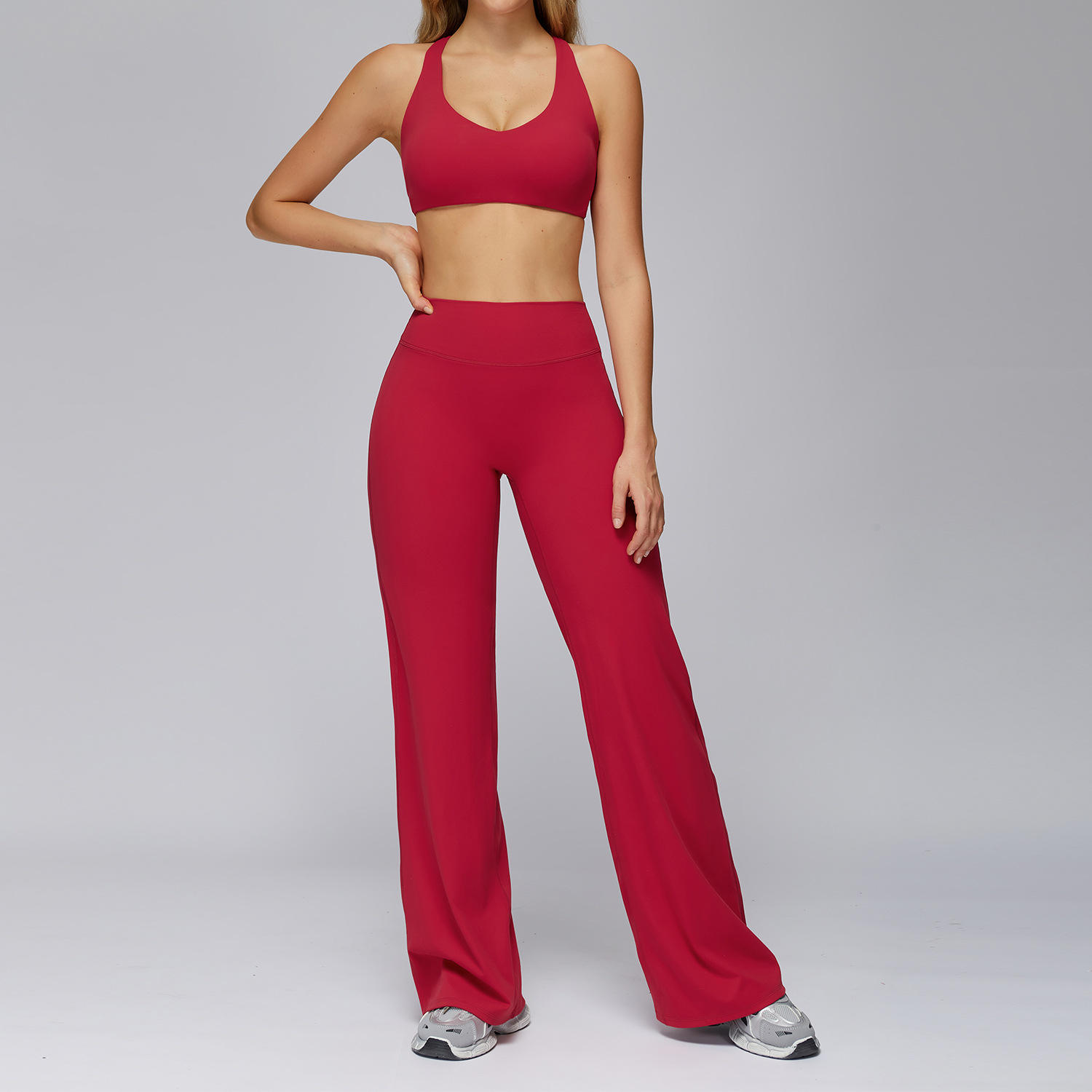 Solid Plus Size Lightweight Breathable 2-Piece Yoga Set Tight-Fitting Wide-Leg Casual Sports Suit Elastic Waist Leggings Set