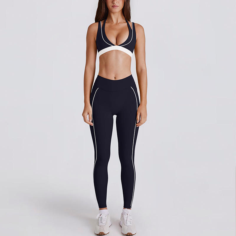Two-Piece Color Contrast White Striped High-Waisted Running Set