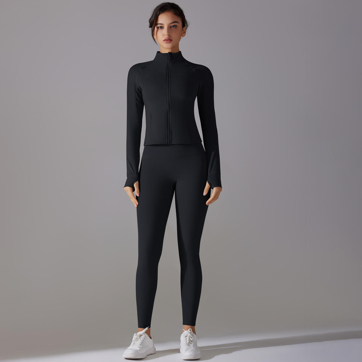 Stand Collar Zipper Long Sleeve Solid Breathable Yoga Wear High Waist Hip Lift Tight Pants