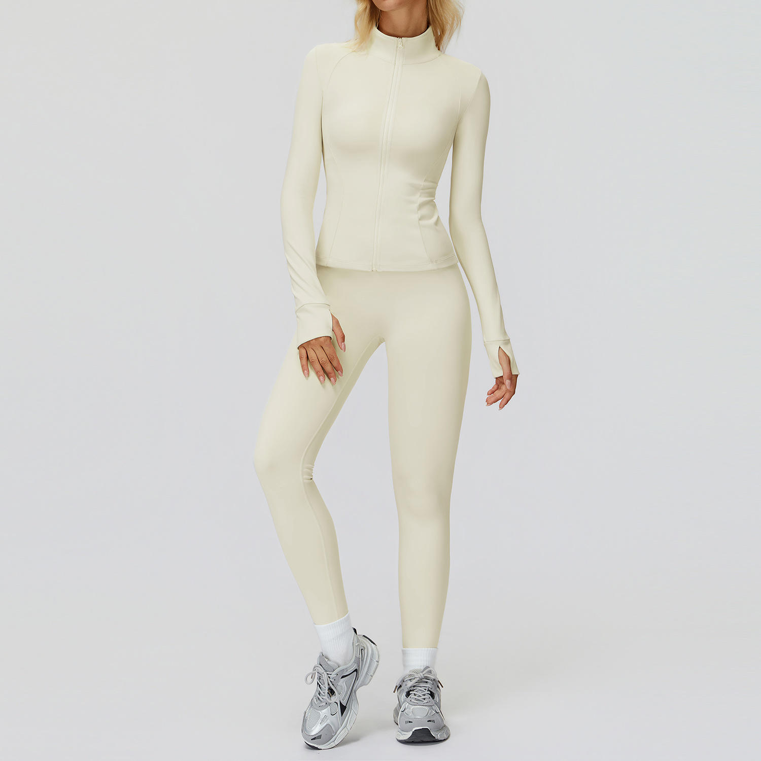 Solid Plus Size 2-Piece Windproof Fleece-Lined High Waist Fitness Set