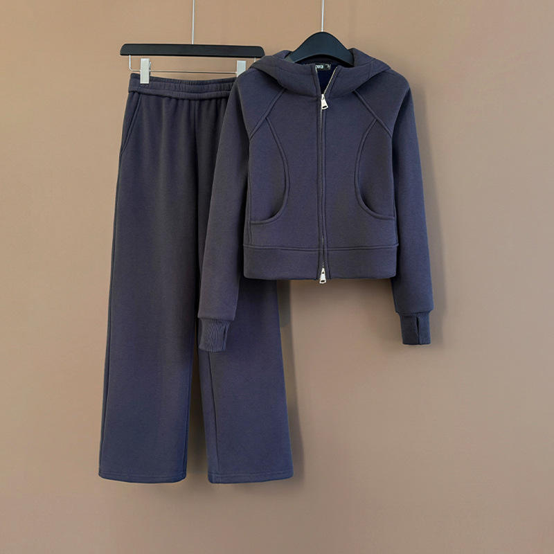 Women's Autumn Winter High-End Button-Up Woven Cardigan Hoodie and Straight Pants Two-Piece Set