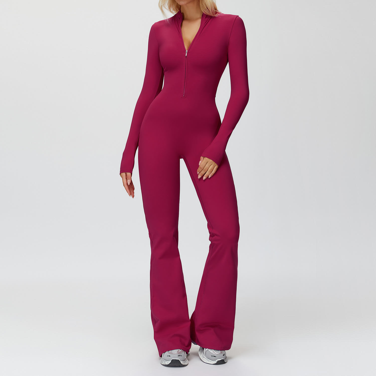 Autumn Winter Fleece-Lined Seamless Spaghetti Strap One-Piece Stand Collar Warm Yoga Wide-Leg Running Jumpsuit for Women