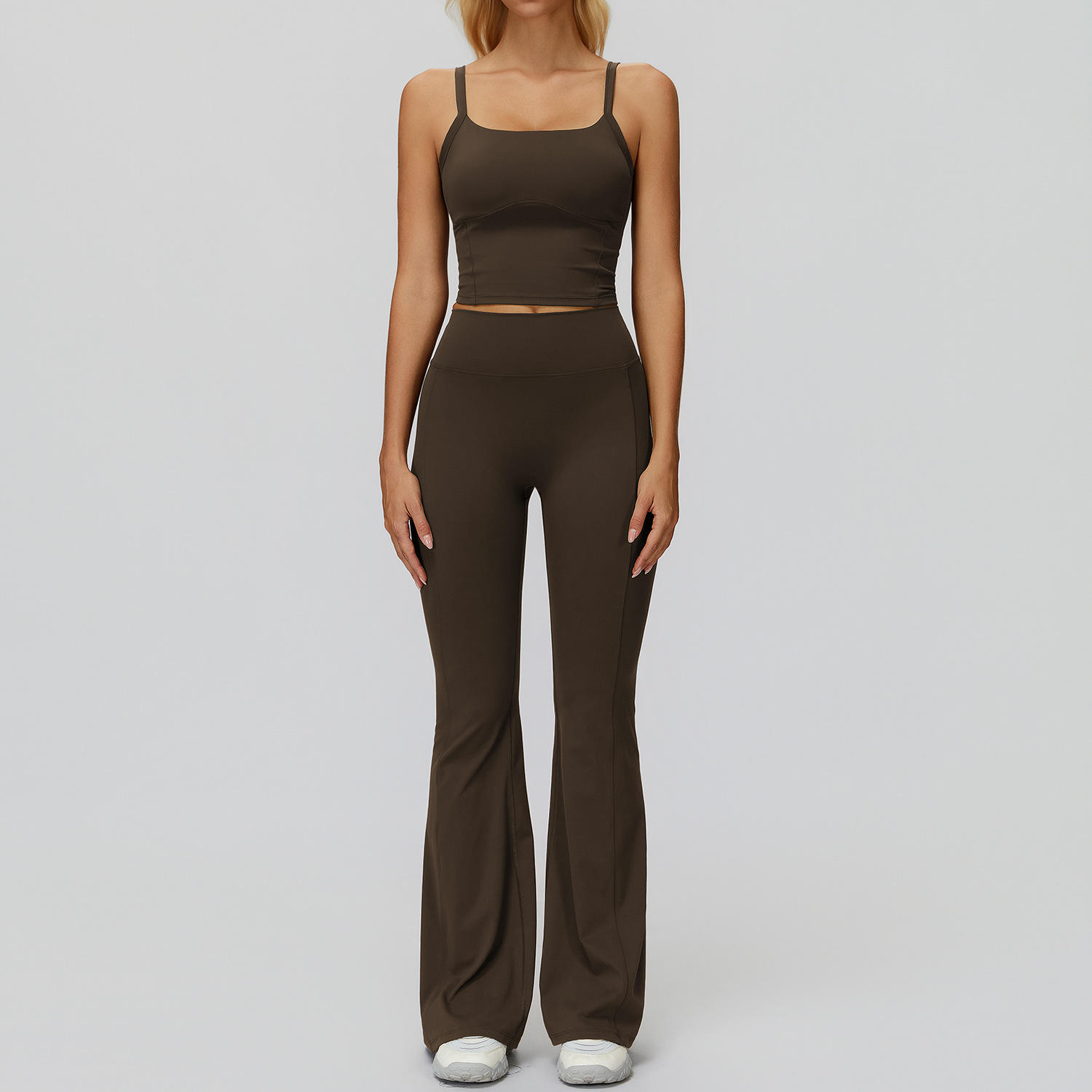 Brushed Solid Front Yoga Set - Tight-Fitting Two-Piece Sports Set