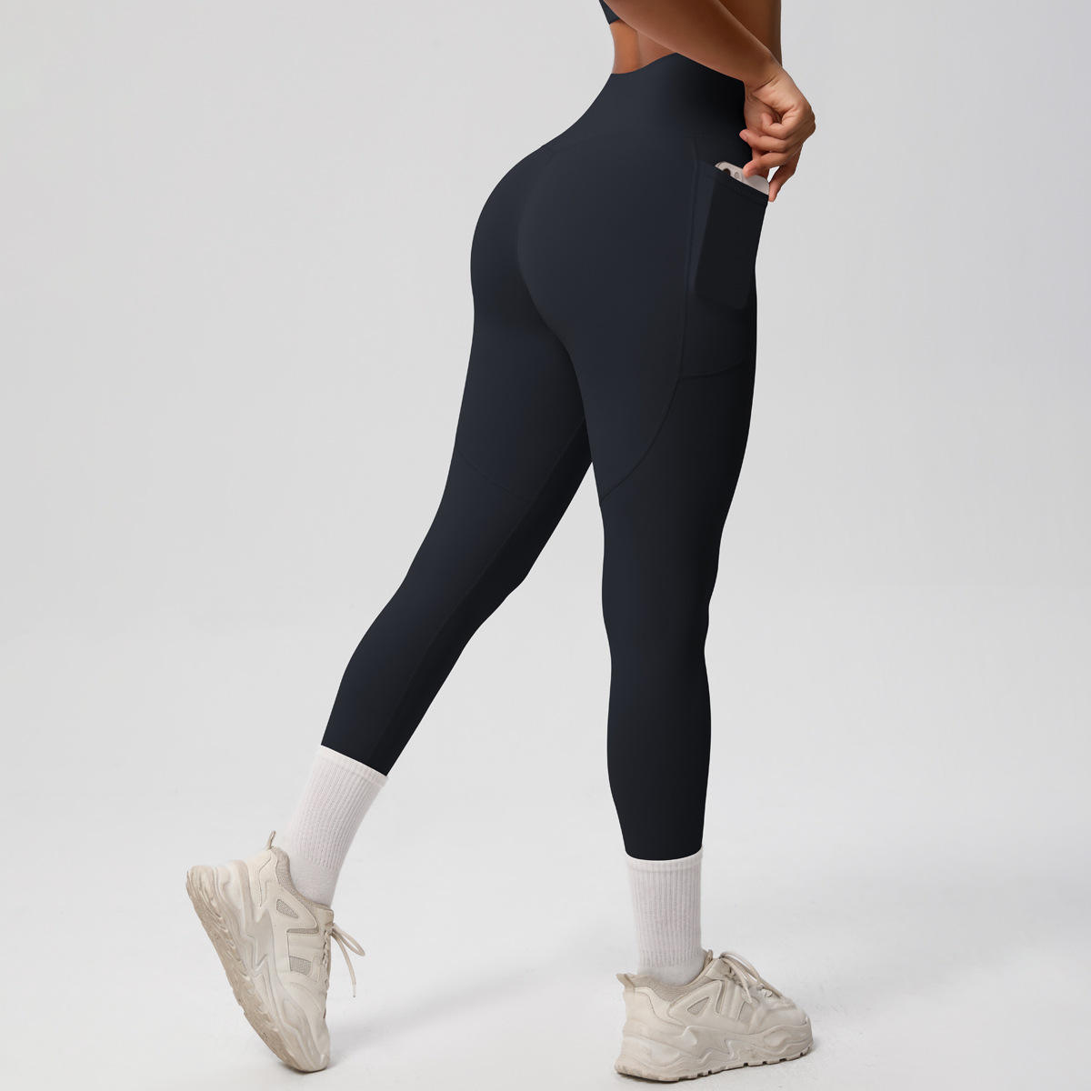High Waist Pocket Solid Peach Four-Way Stretch Breathable Running Hip-Lifting Fitness Sports Pants