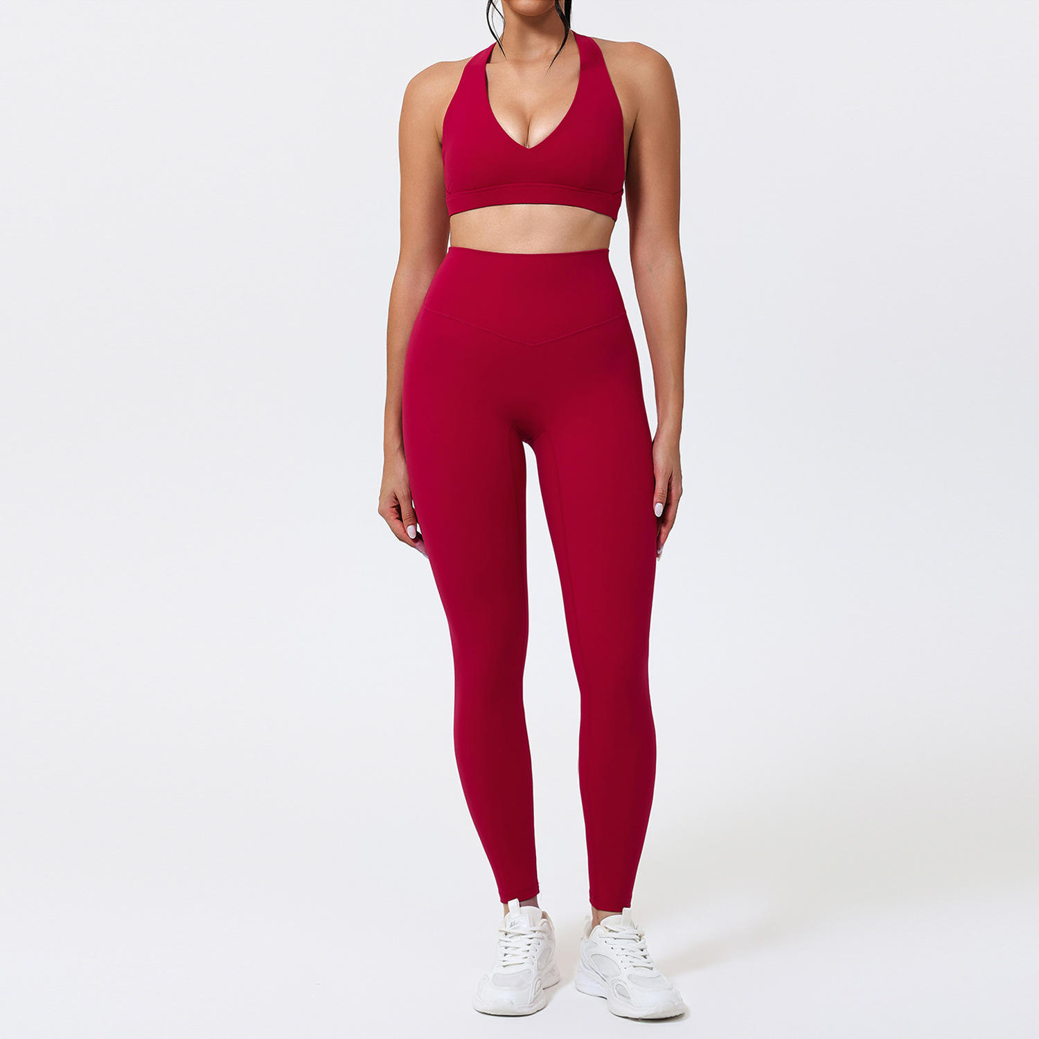 Solid V-Neck Racerback Yoga Two-Piece Set for Women