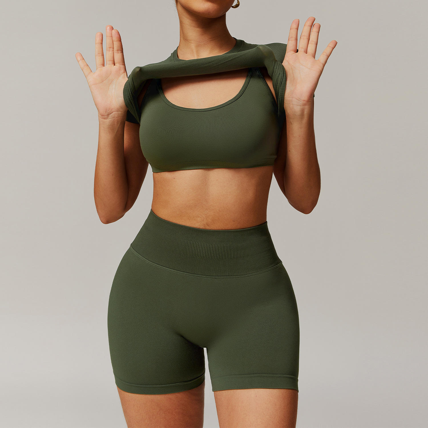 Solid Seamless Threaded Tight Plus Size Yoga Suit Three-Piece Set