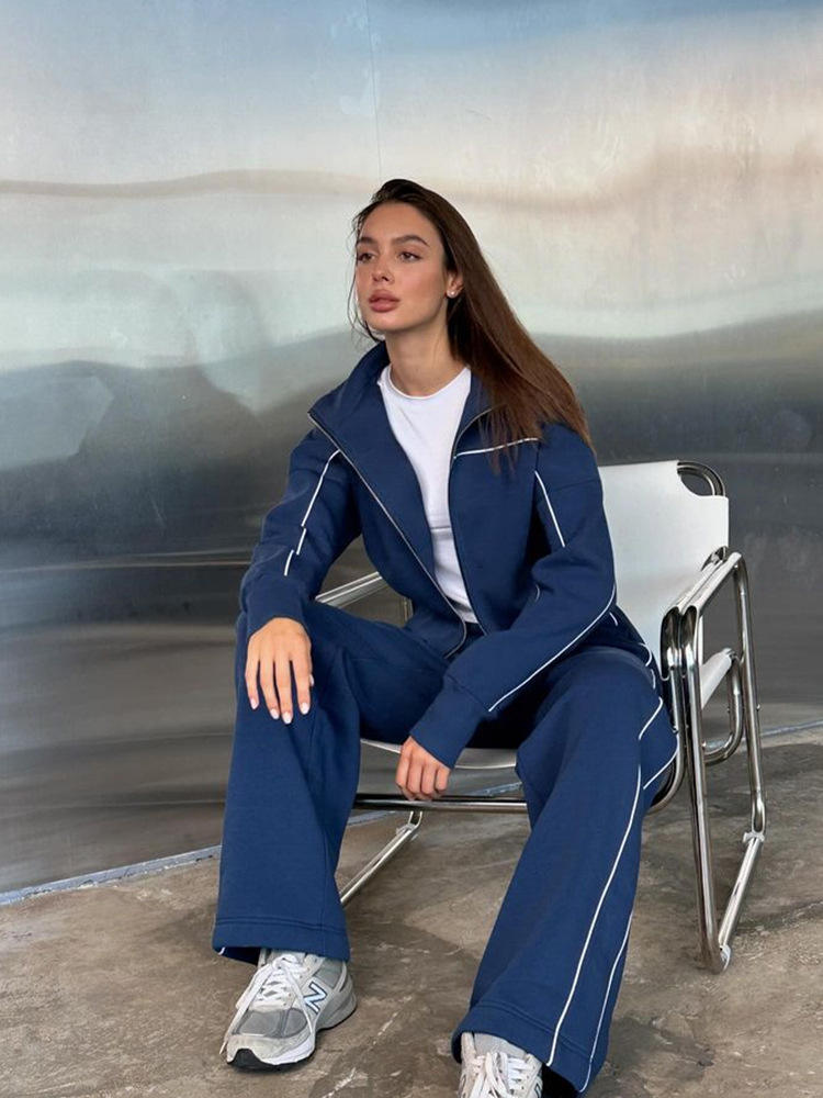 European American Casual Two-Piece Set: Zip-Up Cardigan and Wide-Leg Pants