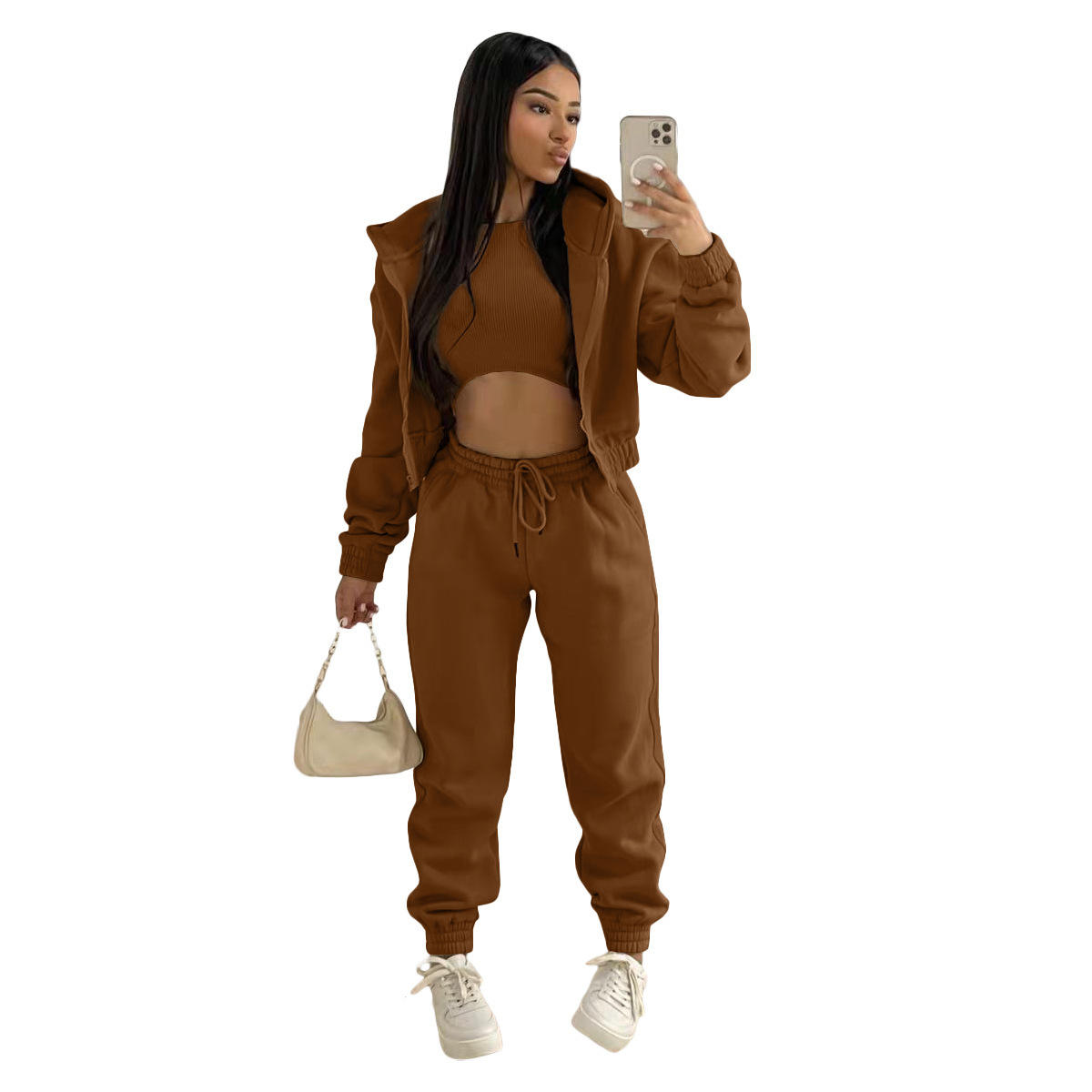 Vintage Women's Fleece-Lined 100% Cotton Sweatshirt Hooded Sports Casual Suit