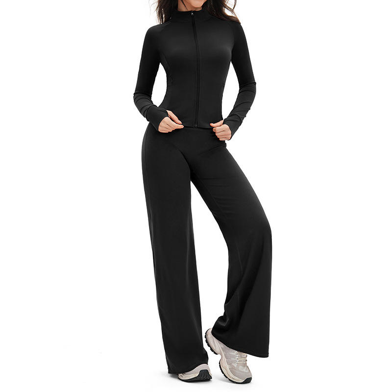 Brushed Solid Elastic Waist High Waist Plus Size Yoga and Running Suit with Wide-Leg Tights