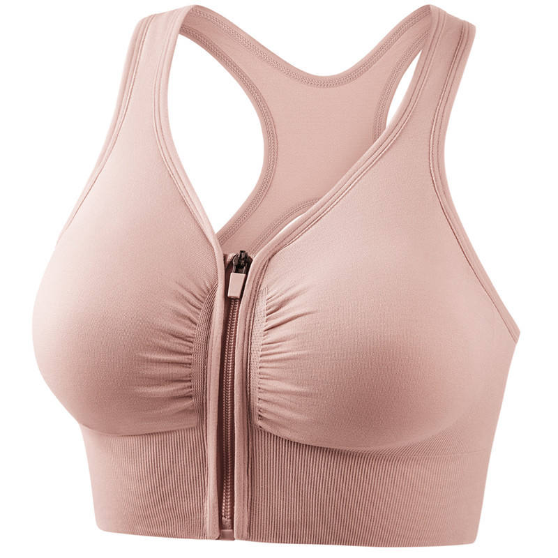 Shockproof Push-Up Plus-Size Breathable Four-Way Stretch Yoga Fitness Sports Bra with Hollow Back and Front Zipper for Women