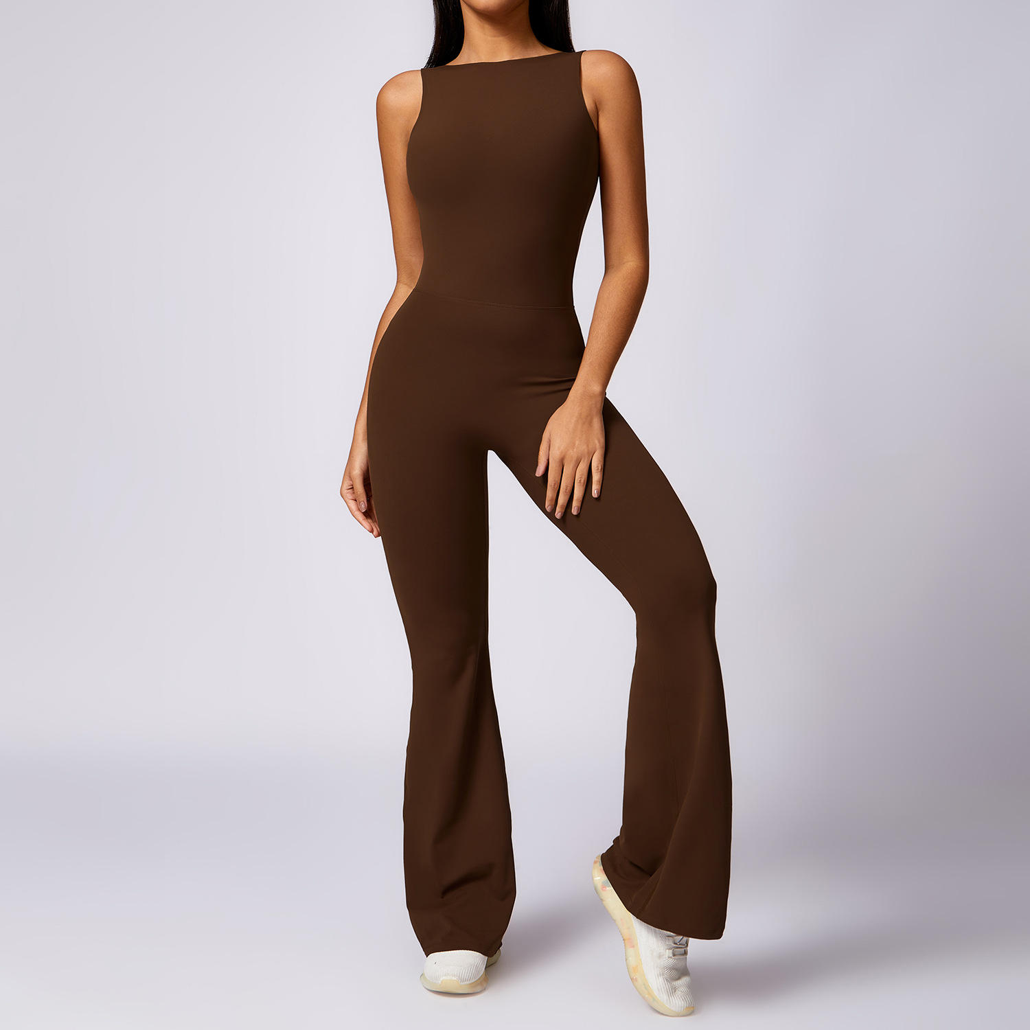 Women's Open Back Flare Jumpsuit Workout Set