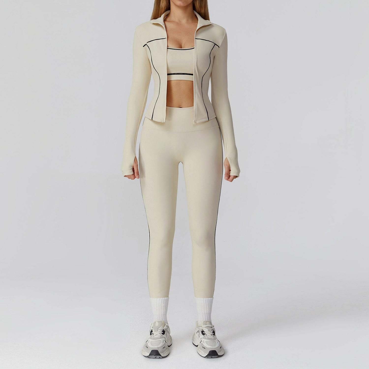 Breathable Zipper Fitted Three-Piece Yoga Set for Fitness and Running