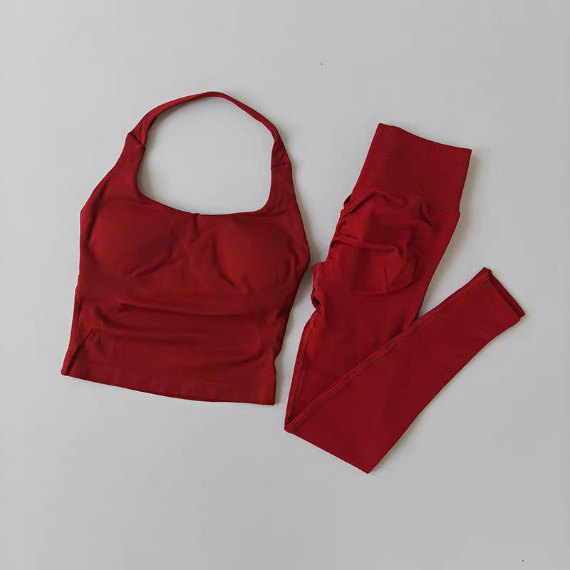 Peach-Colored High-Waist Butt-Lifting Fitness Pants Three-Part Set