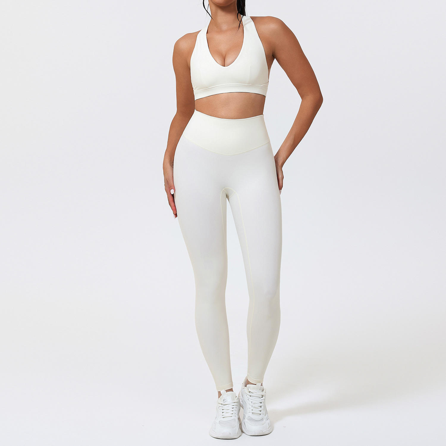 Solid V-Neck Racerback Yoga Two-Piece Set for Women