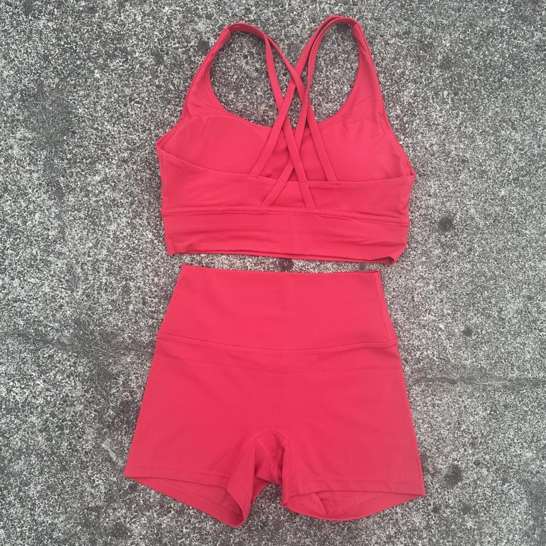 Women's Breathable Solid Fitness Yoga Vest Shorts Set with Crisscross Straps