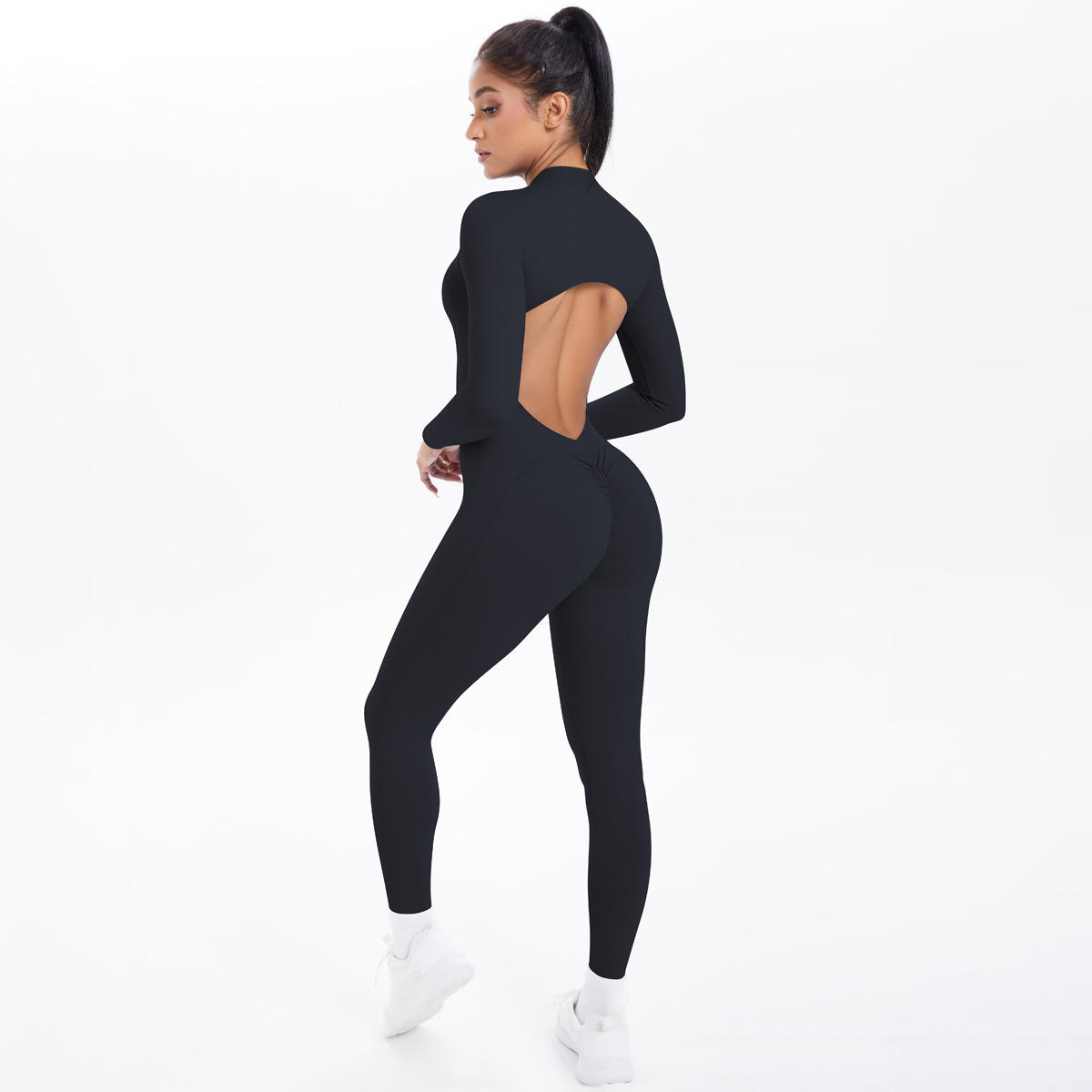 Half-Zip Backless Butt-Lifting Four-Way Stretch Quick Dry Eco-Friendly Spandex/Nylon Yoga Suit Long Jumpsuit Outdoor Sports