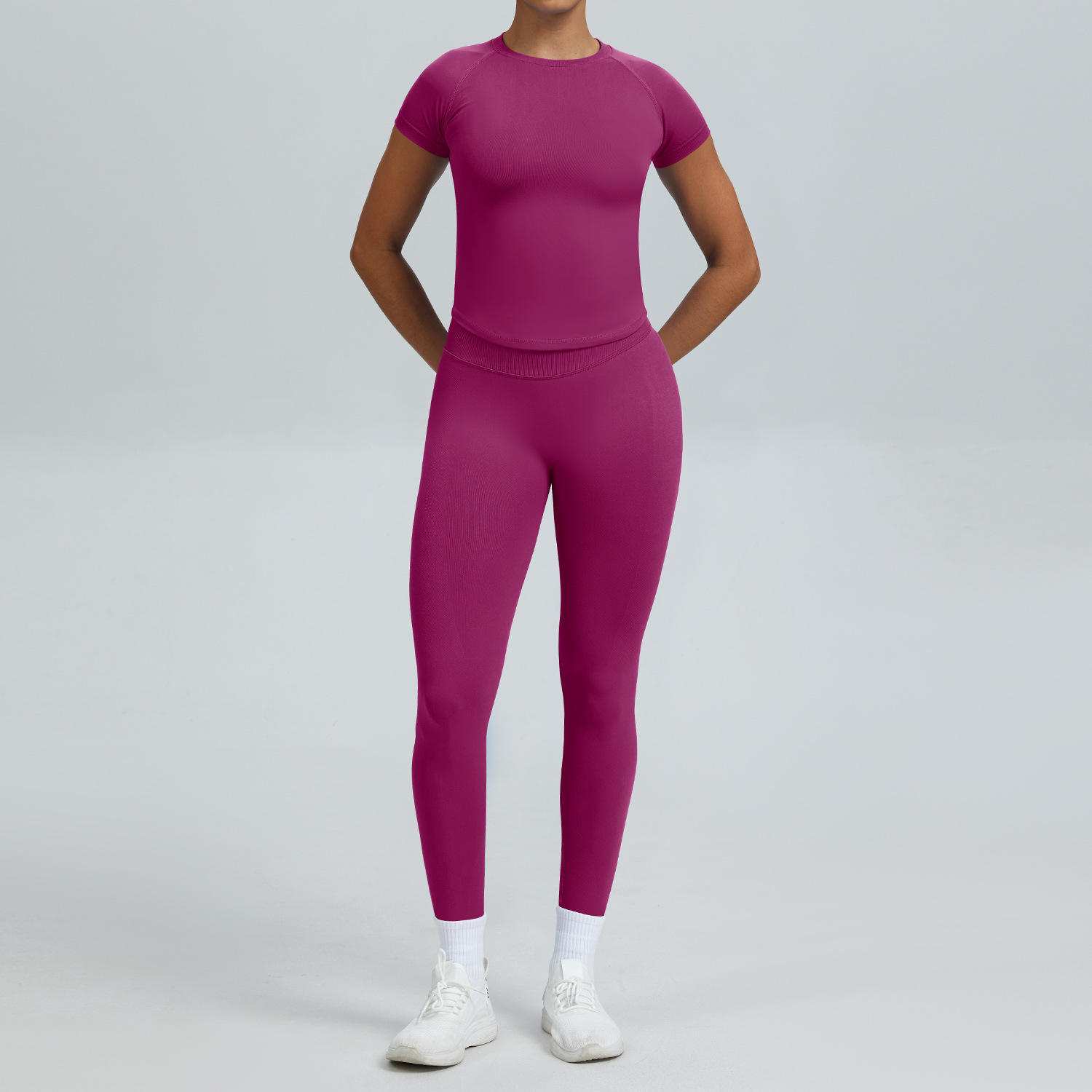 Solid 2-Piece Yoga Fitness Set Tight-Fitting Short-Sleeve Quick-Drying Slim-Fit Sports Set