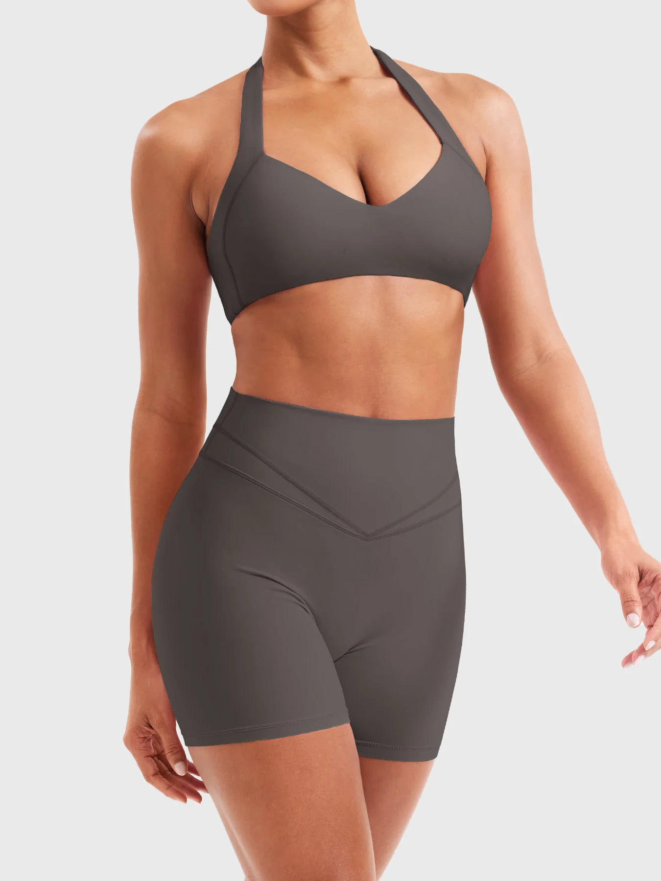 High-End Solid Plus Size Yoga Outfit Set with V-Neck Halter Bra and High-Waisted Shorts