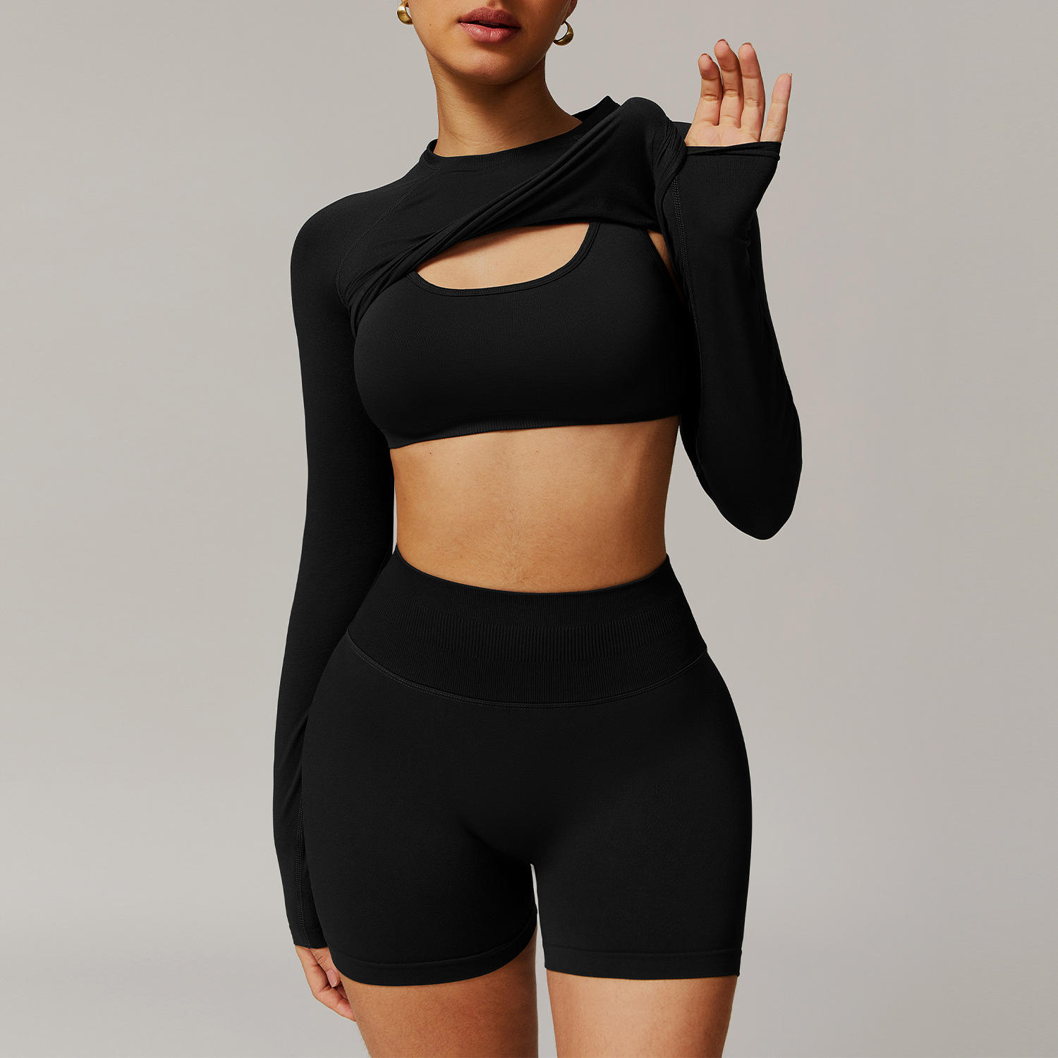 High Waist Breathable Gym Shorts Solid Style Women's Plus Size Fitness Yoga Set with Front Logo