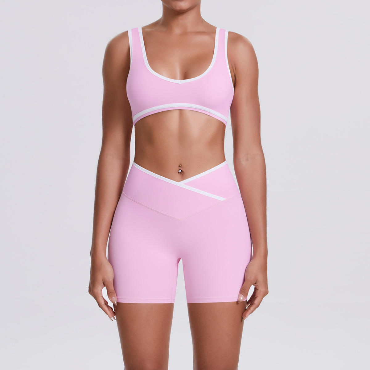 High-Waisted 2-Piece Set with Contrasting Color V-Neck Top and Leggings