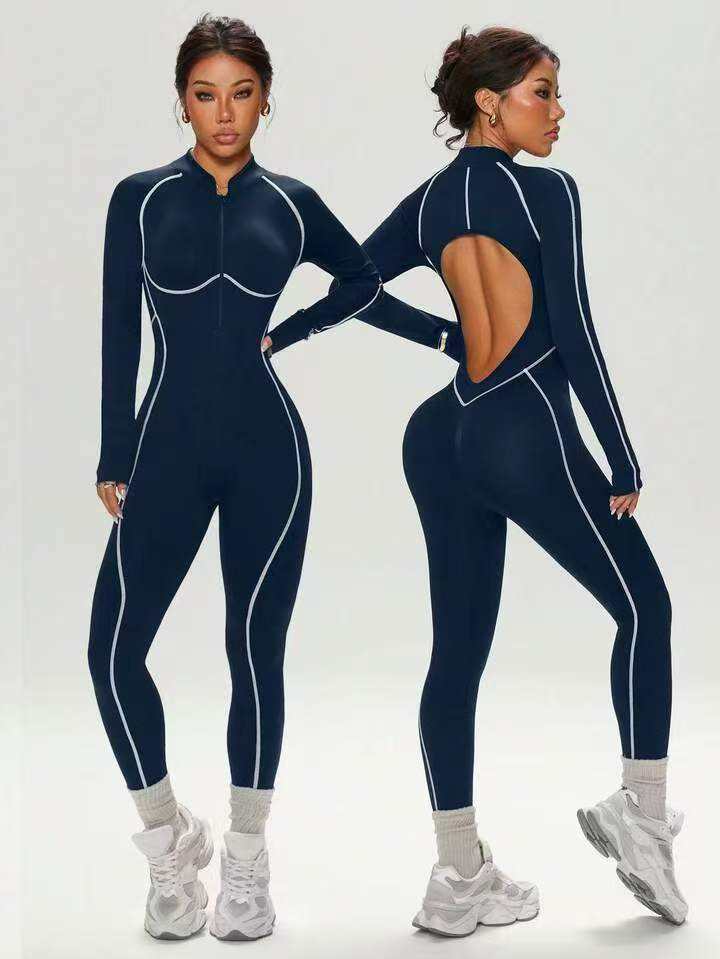 Seamless Contrast Stitching Hollow Spaghetti Strap Full-Length Jumpsuit