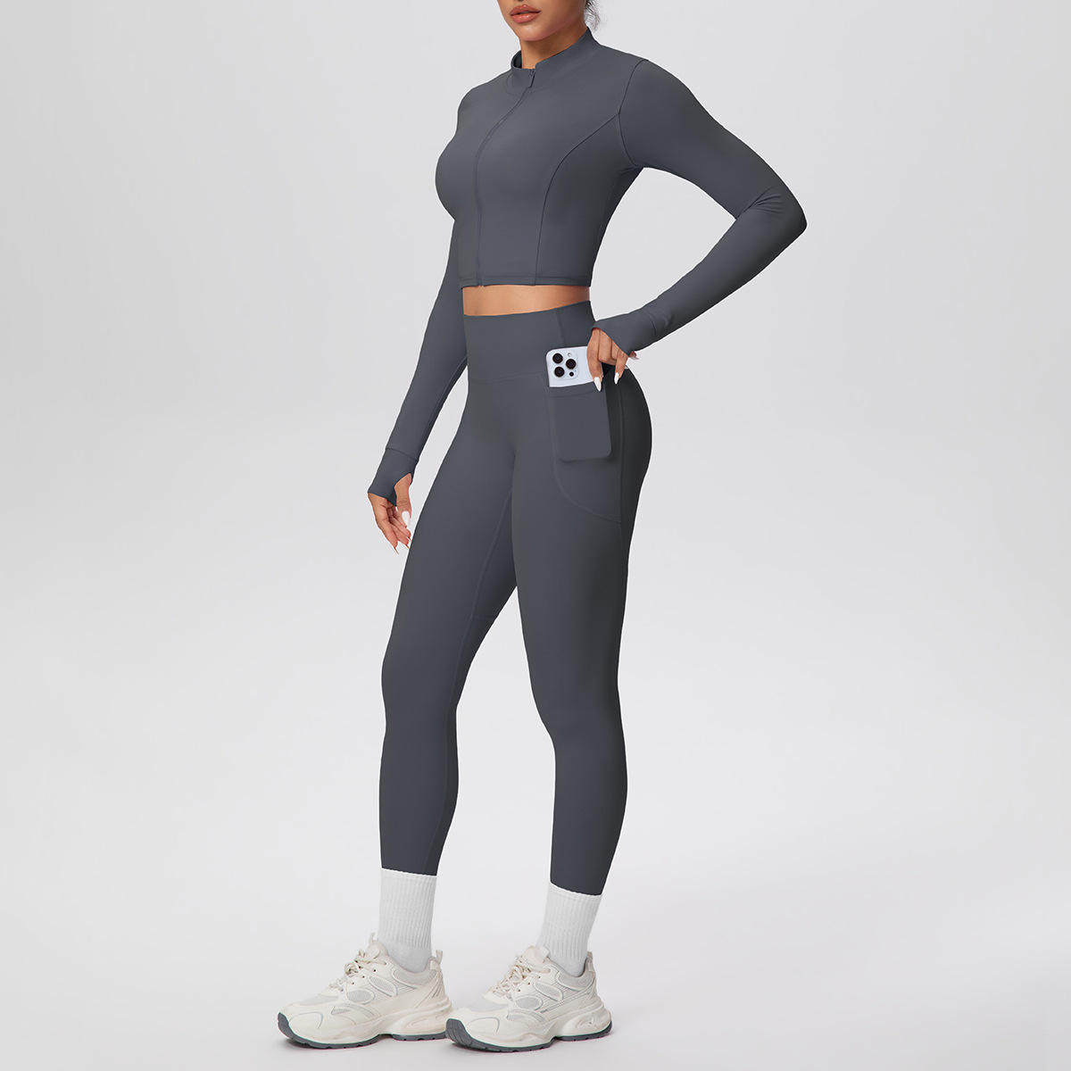 Slim-fit Breathable Solid Plus Size 100% Nylon Short Sports Zipper Jacket High Waist Yoga Pants 2-Piece Set for Running Fitness