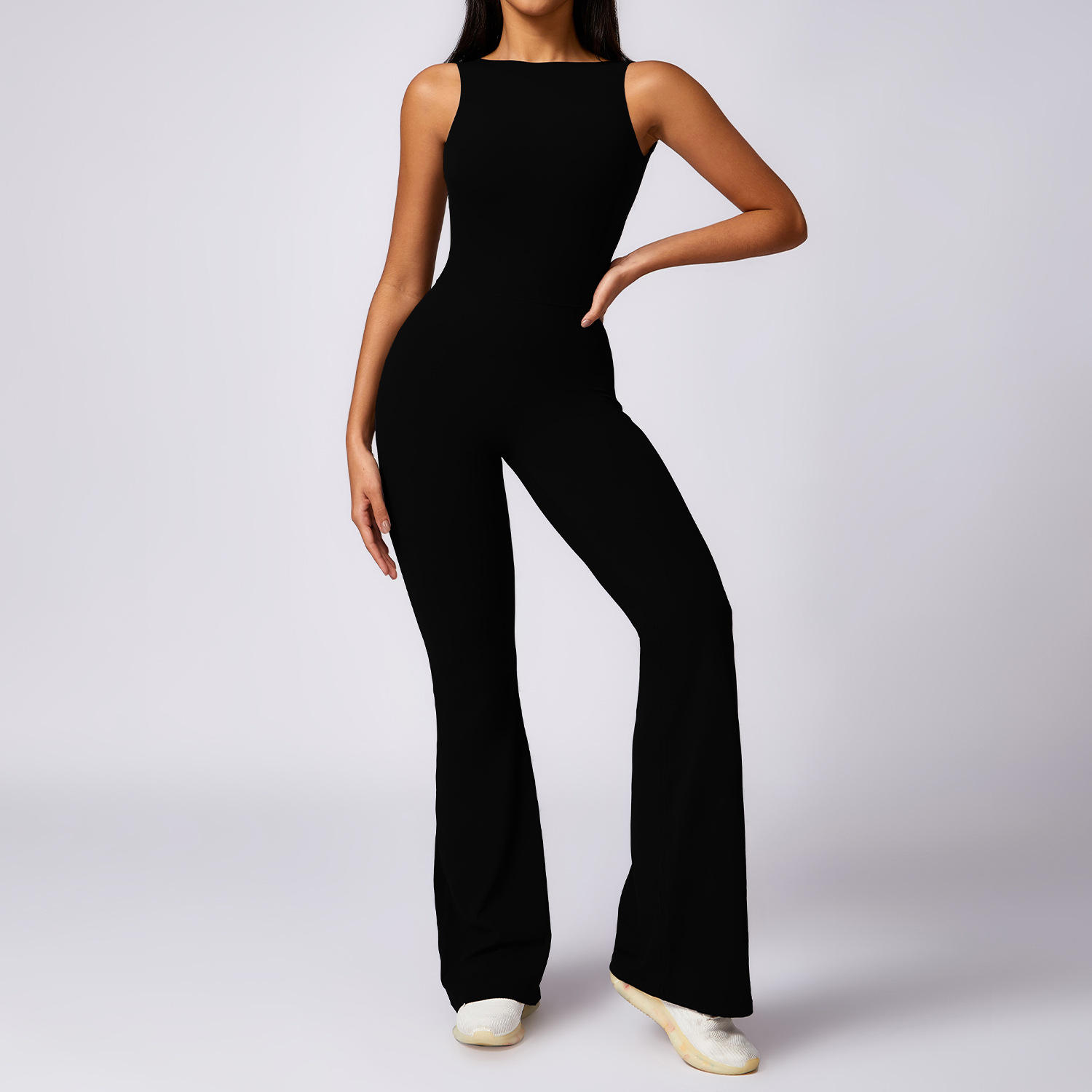 Women's Open Back Flare Jumpsuit Workout Set