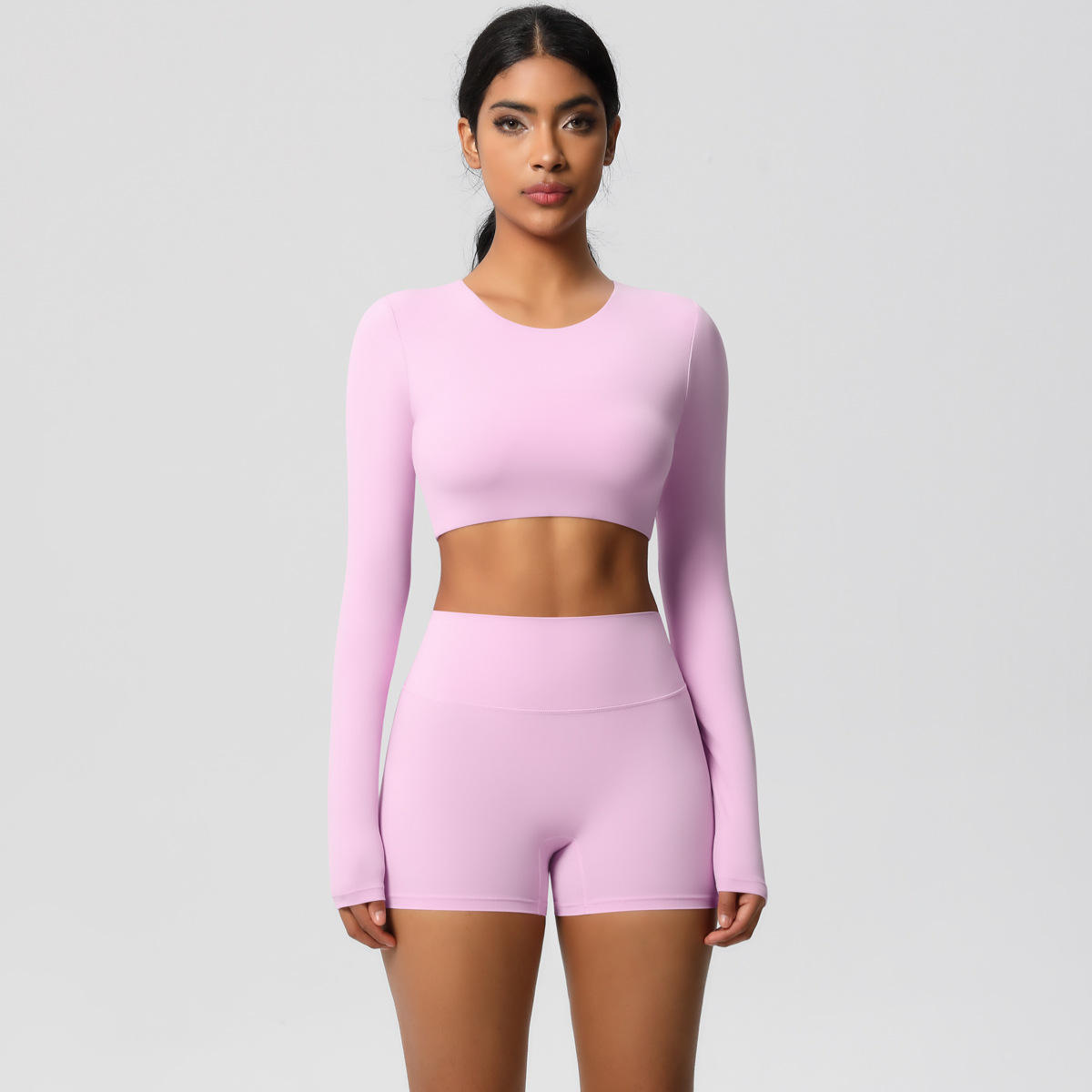 Tight-Fitting Brushed Solid Plus Size Long-Sleeved Yoga Pilates Butt-Lifting High-Waisted 2-Piece Set