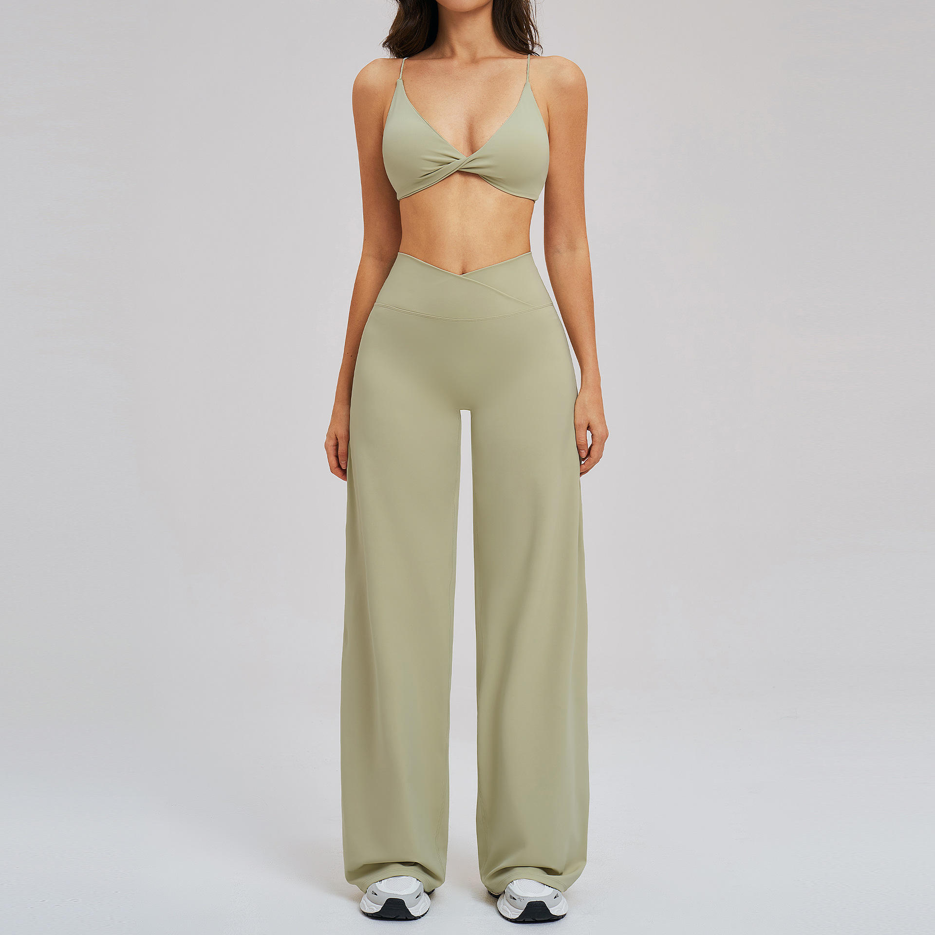 Brushed Solid Yoga Suit Cross Waist Wide Leg Fitness Set