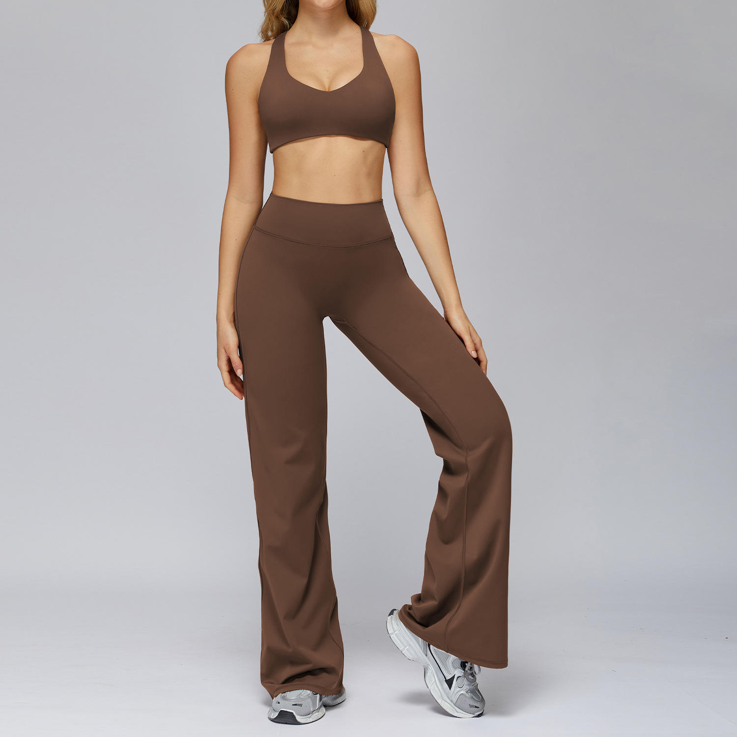 Solid Plus Size Lightweight Breathable 2-Piece Yoga Set Tight-Fitting Wide-Leg Casual Sports Suit Elastic Waist Leggings Set