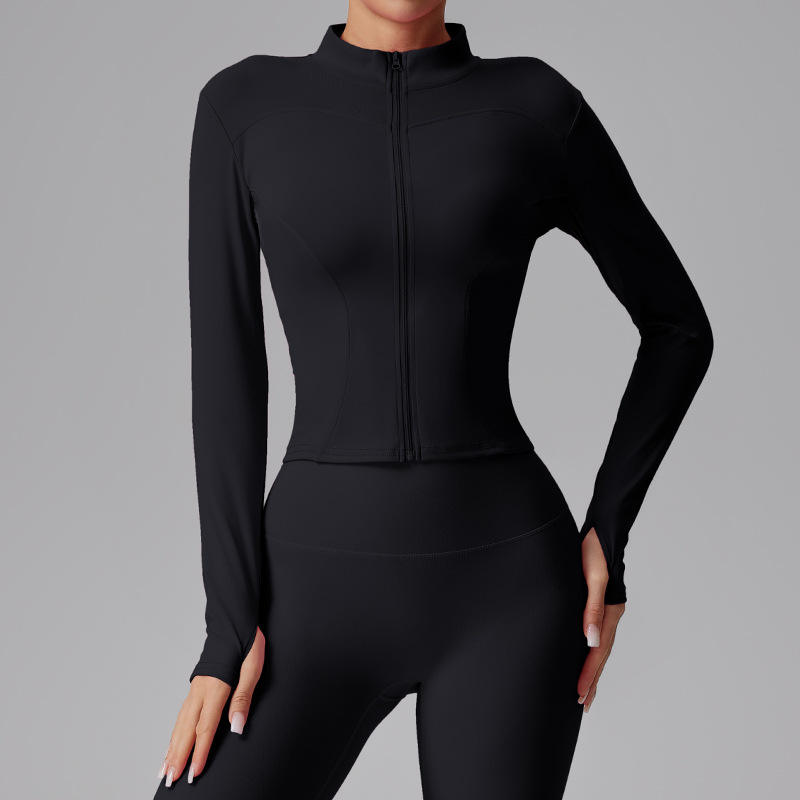 Plus Size Women's Long Sleeve Yoga Sports Coat with Stand Collar Zipper High Elastic Skinny Fit for Running Custom Sportswear