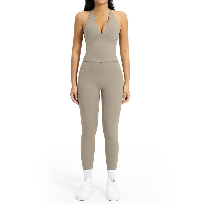 Brushed Solid Breathable Yoga Set V-neck Halter Neck 2-Piece Sports Suit