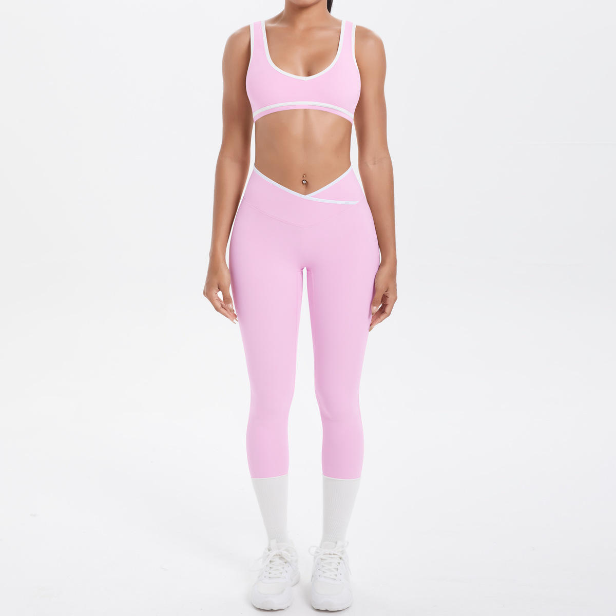 High-Waisted 2-Piece Set Women's Spandex/Nylon V-Neck Contrasting Color Nude-Feel Tight-Fitting Yoga Fitness Suit Leggings Set
