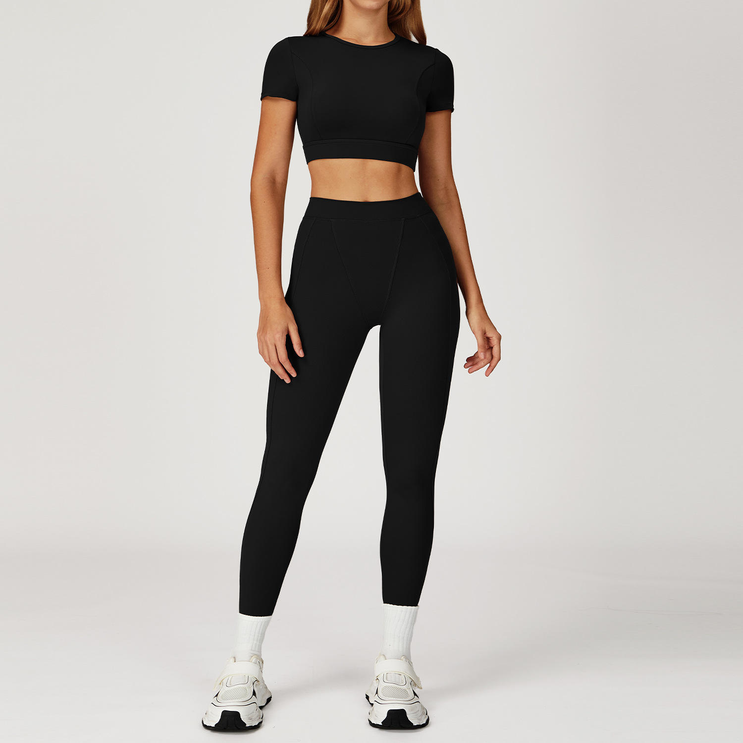 Solid High Waist Yoga Set with Neck Tight Front Design
